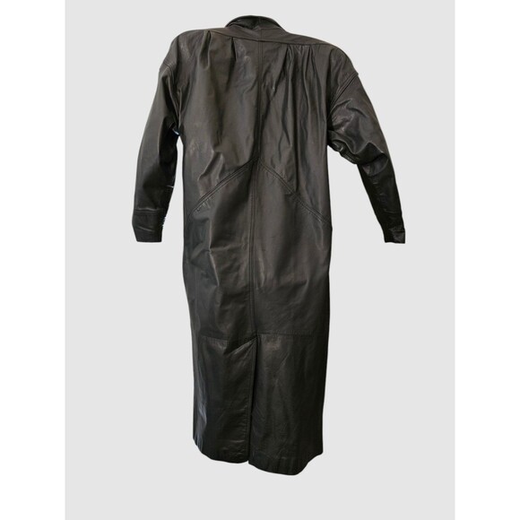 VTG Express Black Leather Trench Coat Shoulder Pads Petite SZ 12? MISSING BUTTON - Picture 2 of 12
